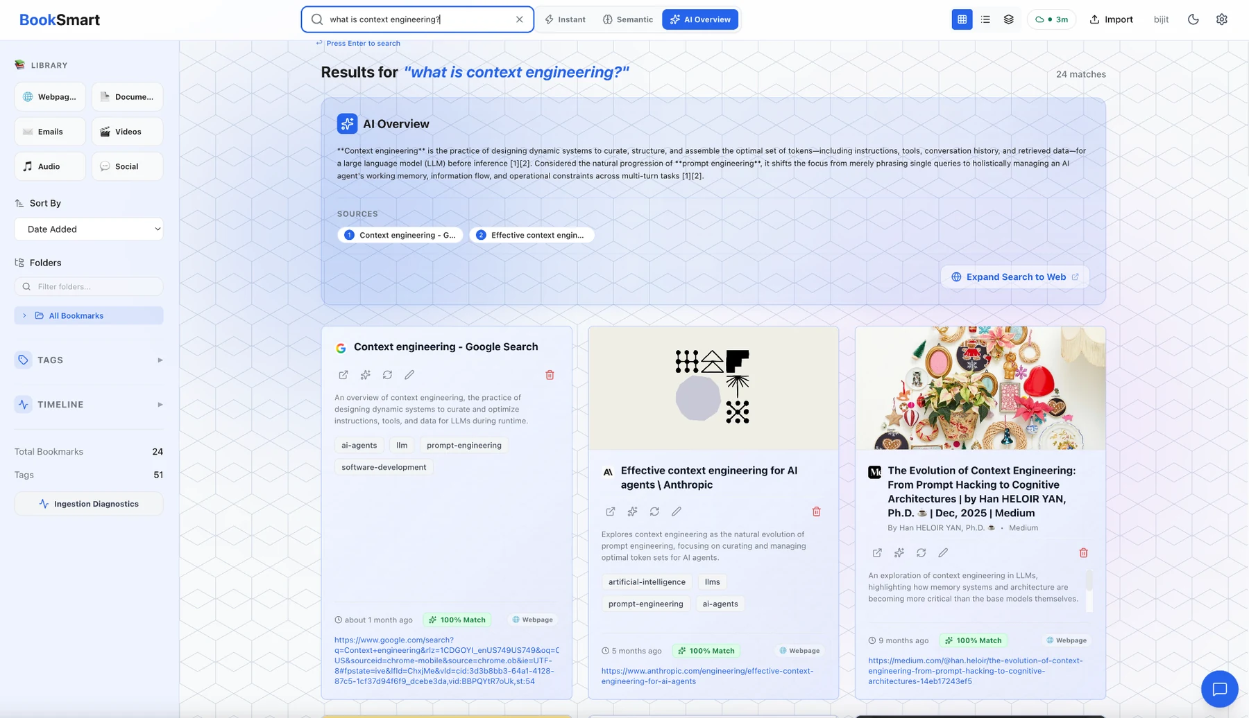 BookSmart AI Overview answering a question with cited bookmark sources