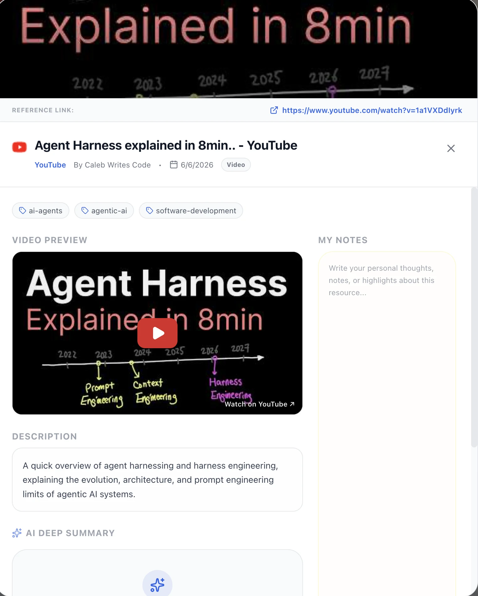 BookSmart bookmark detail showing AI-generated tags, description, summary and key takeaways