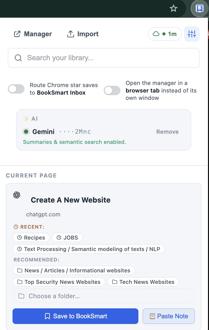 BookSmart Chrome extension popup with Save to BookSmart controls